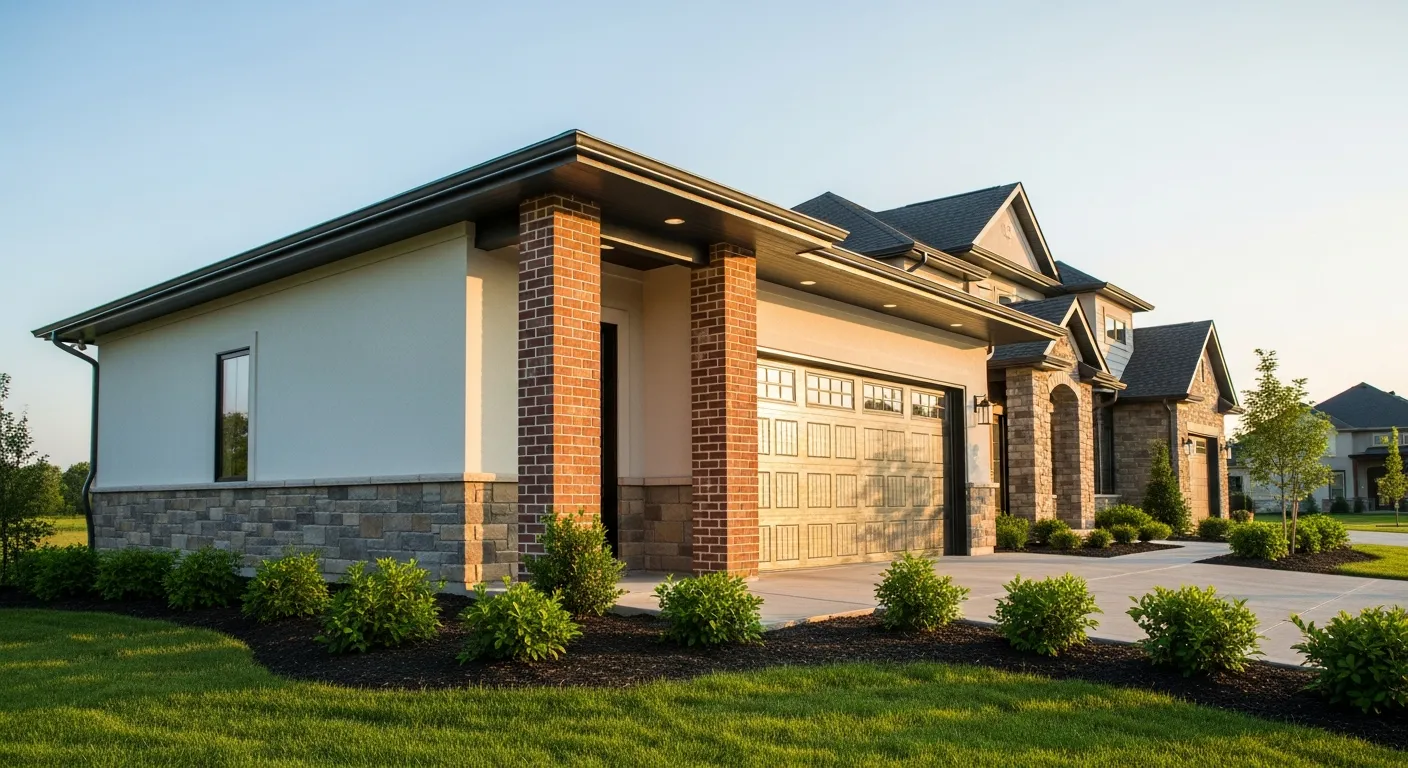 A Stunning, Photorealistic, Modern Detached Garage Exterior Features a Robust Natural Stone Baseboard
