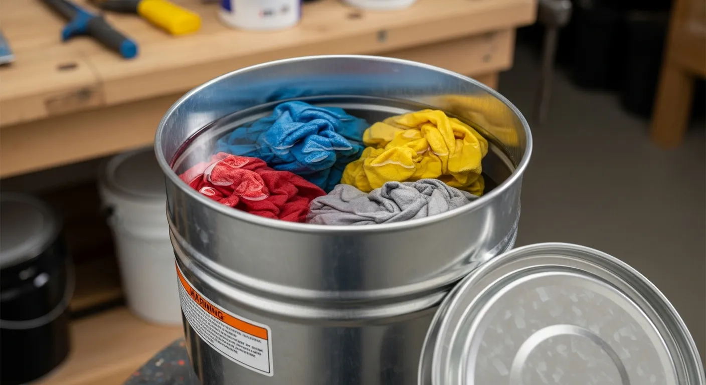A Sturdy, Galvanized Metal Safety Container, is Filled With Paint-thinner and Soaked Some Cotton Rags