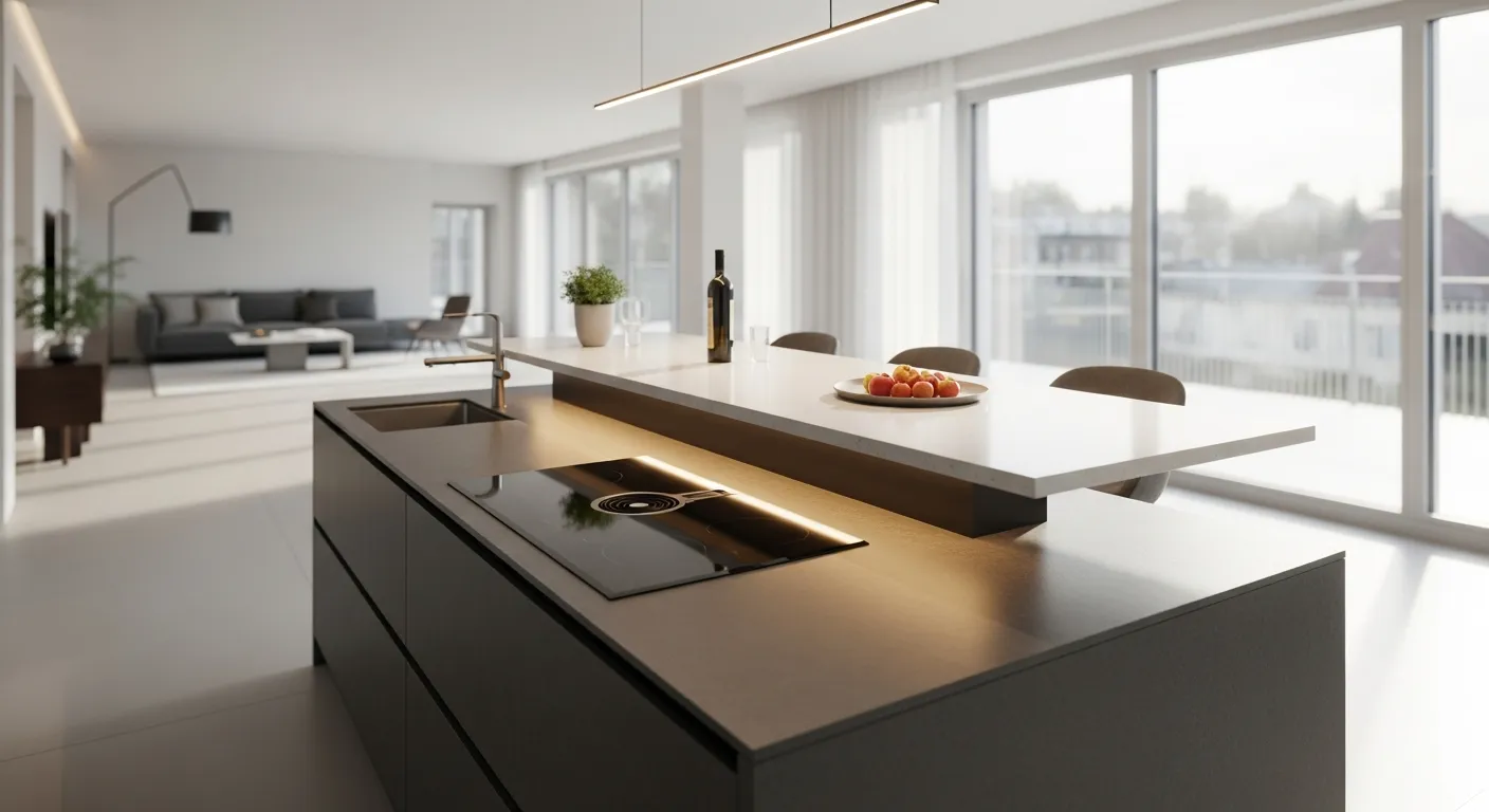 A Stylish, Functional Two-tier Kitchen Extension Seamlessly Integrated Into an Expansive Open-concept Modern Apartment