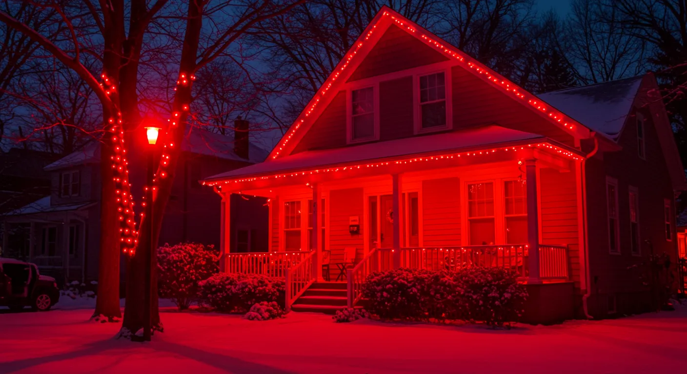 A Suburban House Bathed in the Warm Red Glow of a Porch Light A Suburban House Bathed in the Warm Red Glow of a Porch Light