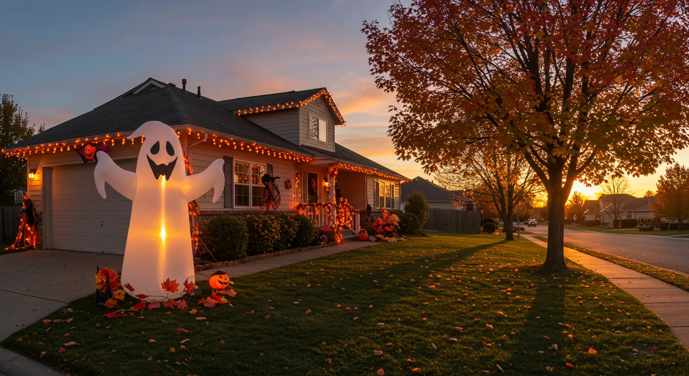 A Suburban House Exterior Adorned With Halloween Decorations in Late September A Suburban House Exterior Adorned With Halloween Decorations in Late September