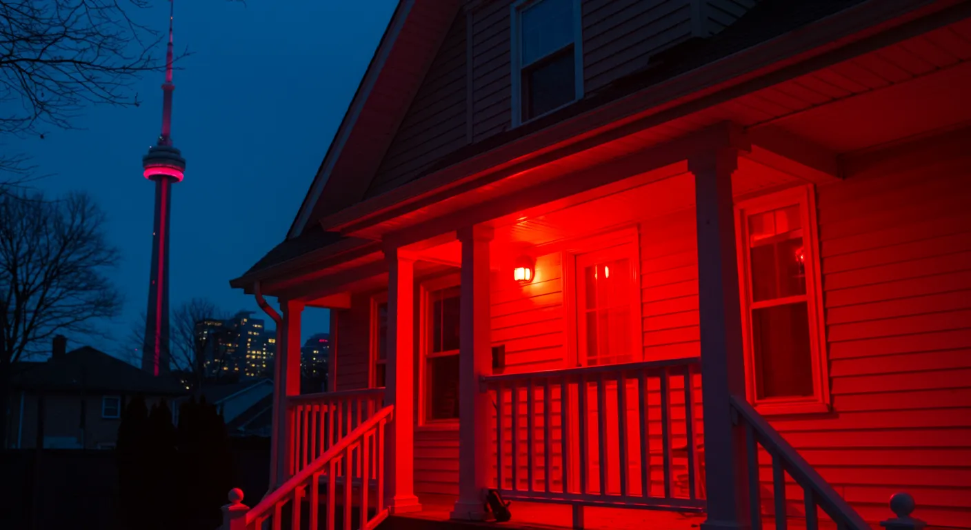 A Suburban House Illuminated by a Vibrant Red Porch Light A Suburban House Illuminated by a Vibrant Red Porch Light