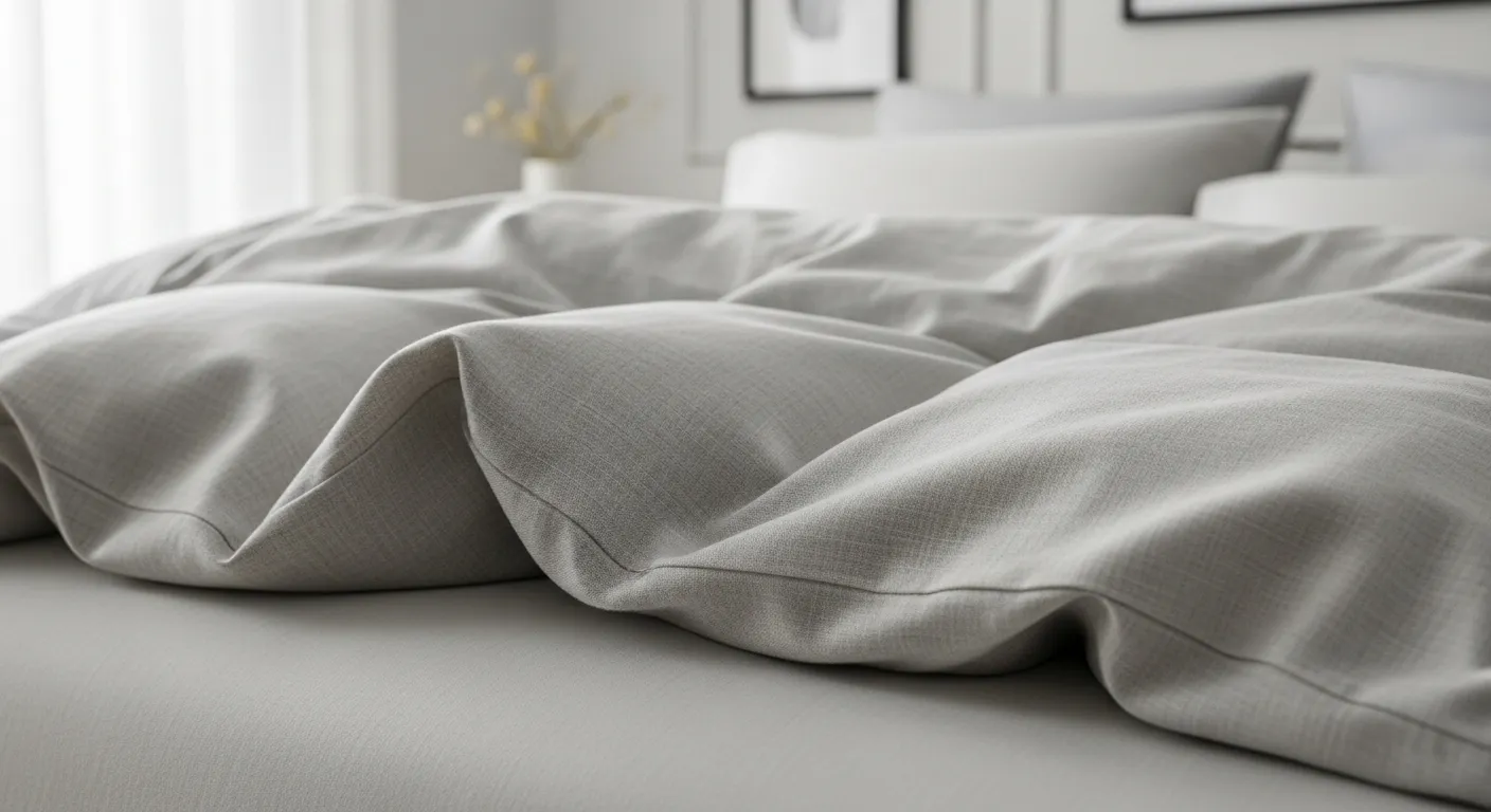 A Sumptuously Draped Bedding Fabric on a Pristine Bed Made of a Luxurious Blend of Bamboo, Linen, and High-thread-count Cotton
