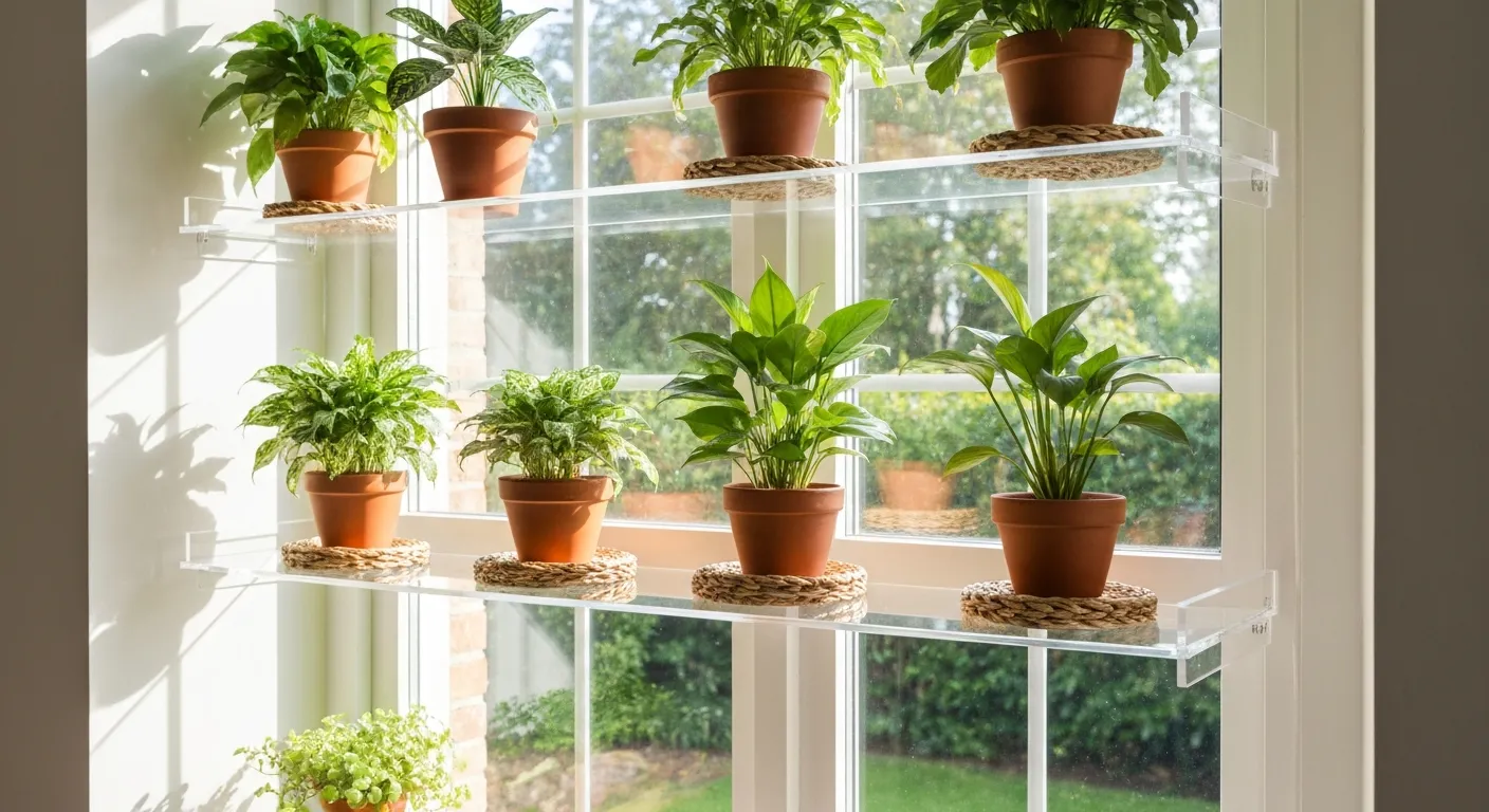 A Sunlit Window Frame With Shelves Artfully Adorned With a Diverse Collection of Vibrant Green Houseplants, Each Nestled in Earthy Terracotta Pots