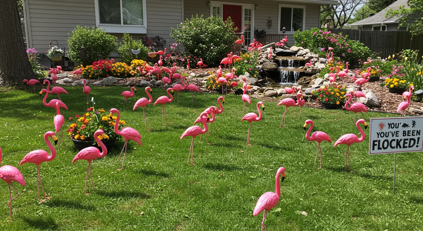 A Sunny Suburban Front Yard Overrun With Pink Plastic Flamingos on a Green Lawn A Sunny Suburban Front Yard Overrun With Pink Plastic Flamingos on a Green Lawn