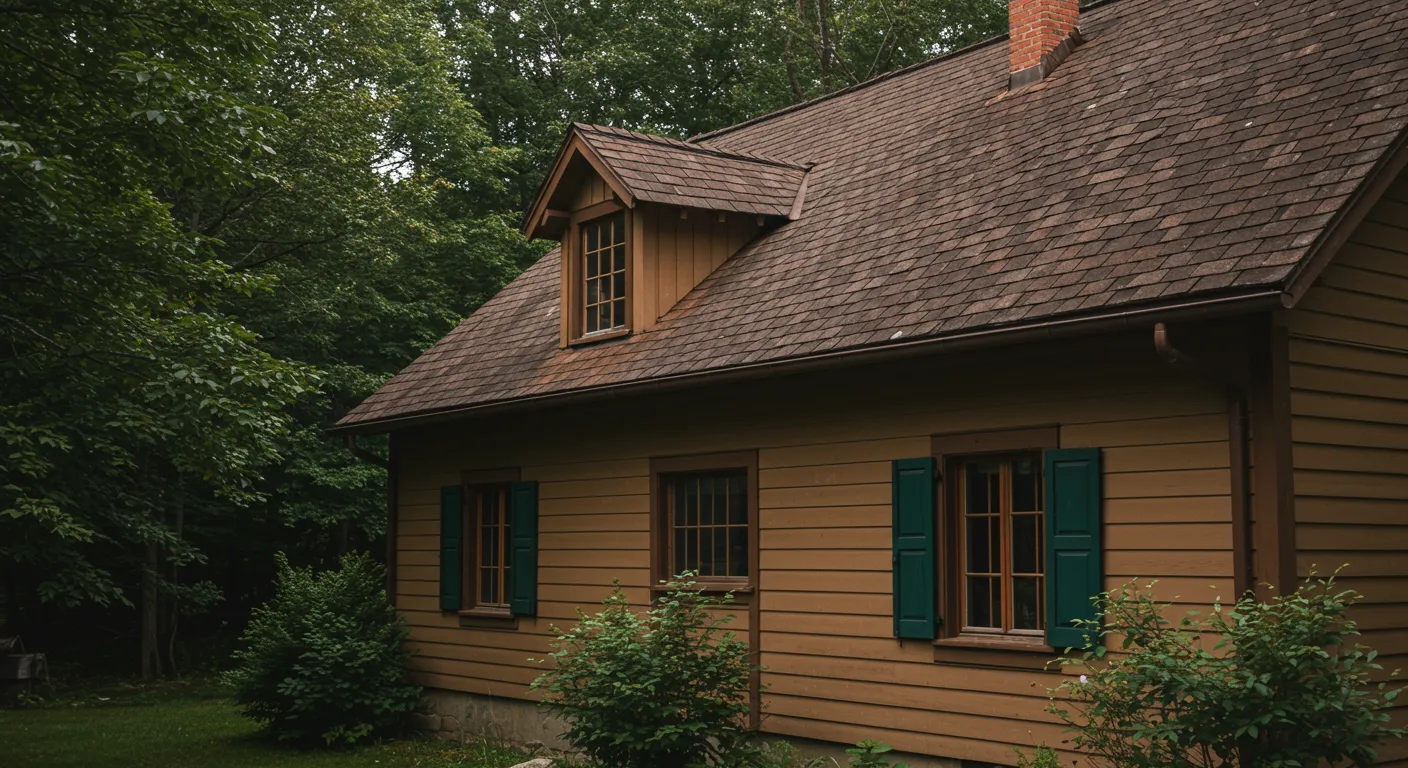 A Tan House With Brown Roof and Green Shutter A Tan House With Brown Roof and Green Shutter