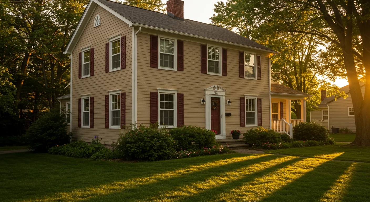 A Tan House With Burgundy Shutters A Tan House With Burgundy Shutters