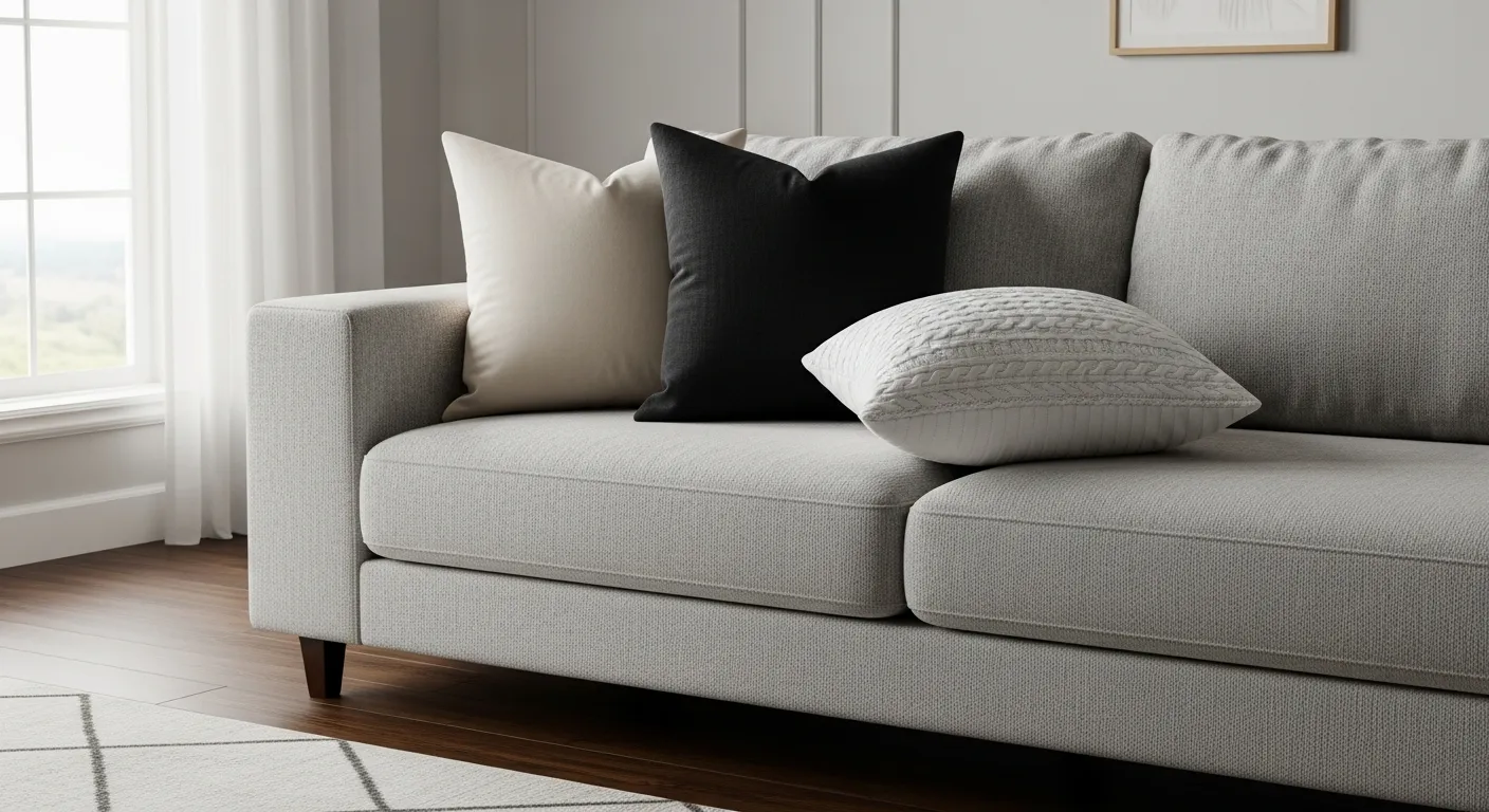A Textured Light Gray Sectional Sofa, With One Rich Cream Velvet, One Deep Black Linen, and One Crisp White Knit Throw Pillow Placed Upon It