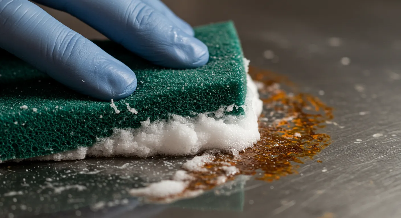 A Thick Paste of Table Salt and Baking Soda is Being Applied on a Stainless Steel Surface A Thick Paste of Table Salt and Baking Soda is Being Applied on a Stainless Steel Surface