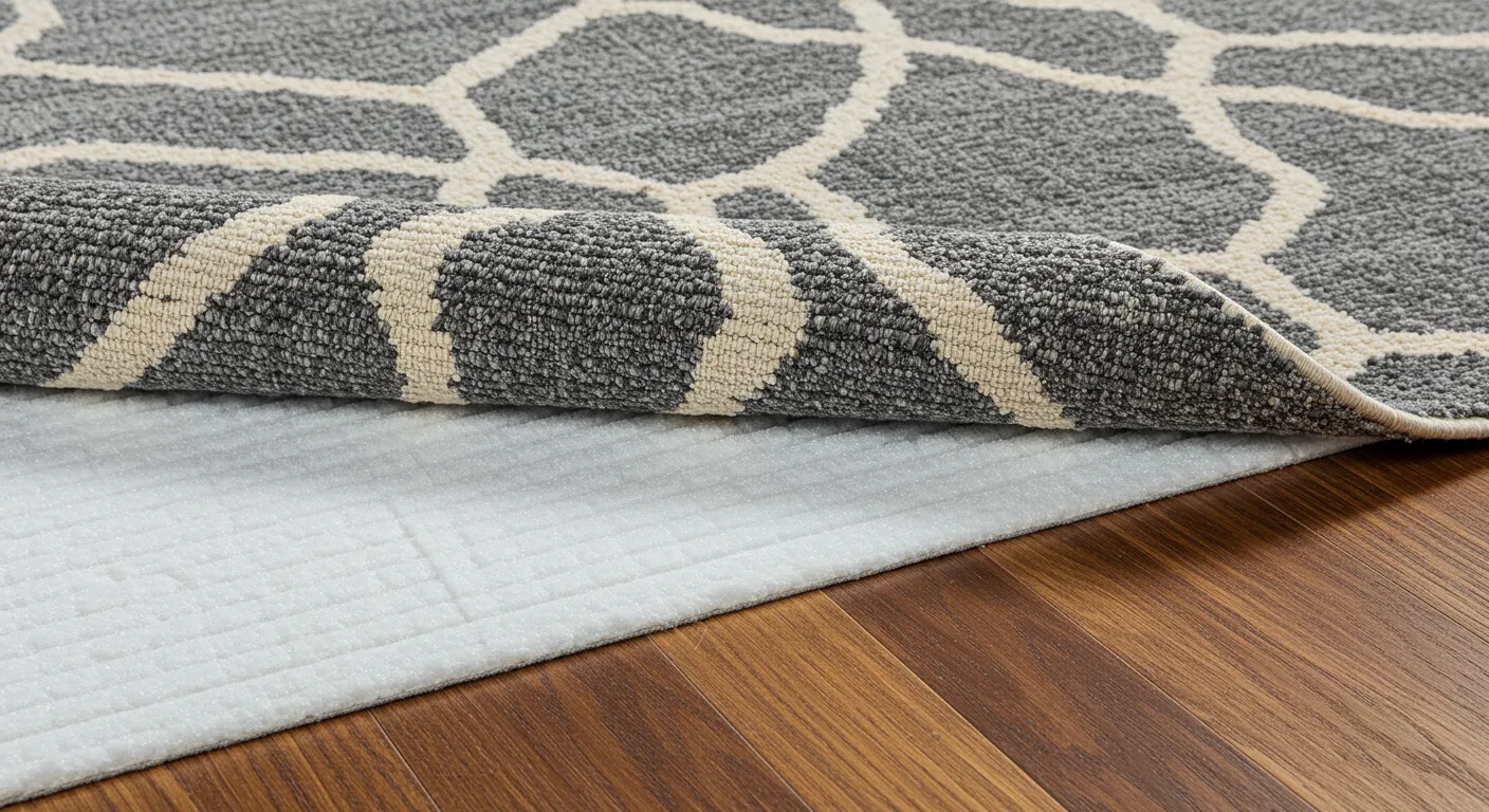 A Thick Rug Pad on the Floor Paired With a Contemporary Area Rug, Textured in Dark Gray and Light Beige