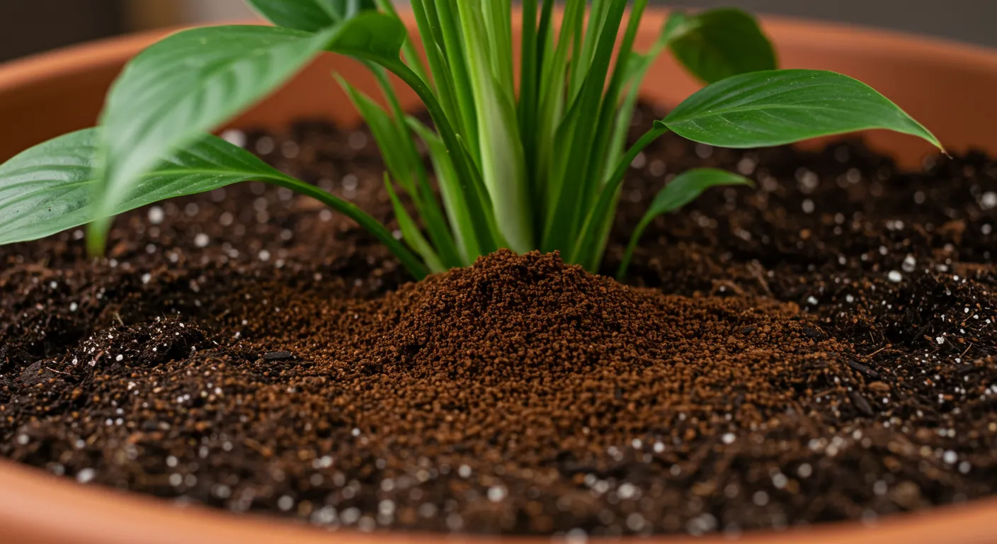 A Thin Layer of Used Coffee Grounds is Sprinkled on the Soil Surface in a Terracotta Pot A Thin Layer of Used Coffee Grounds is Sprinkled on the Soil Surface in a Terracotta Pot