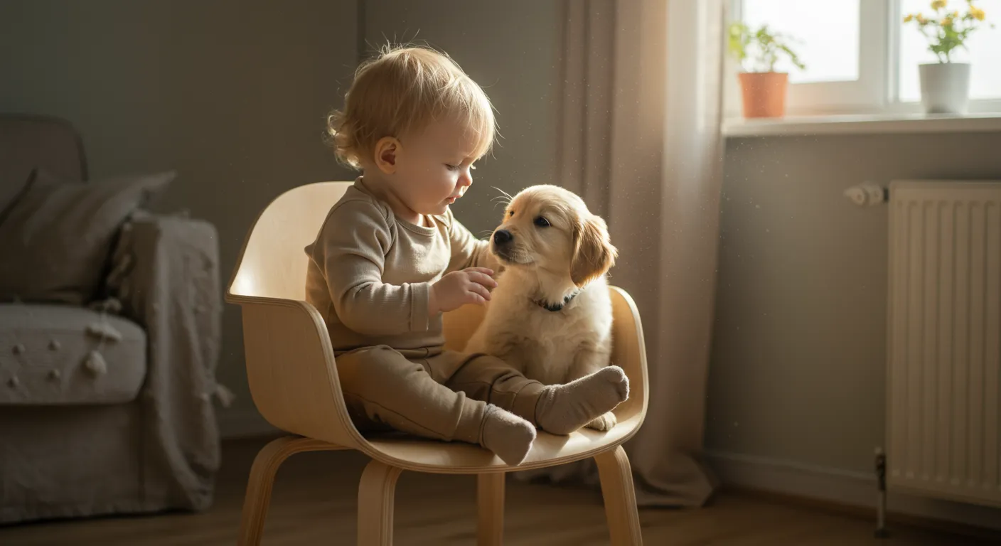 A Toddler With a Puppy Sits on a Modern, Natural Wood Chair A Toddler With a Puppy Sits on a Modern, Natural Wood Chair