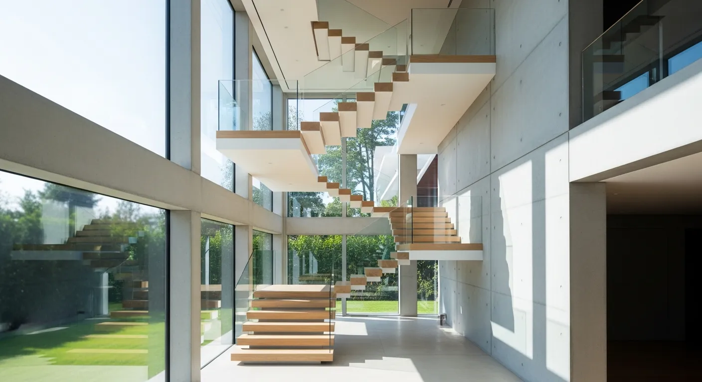 A Towering, Multi-story Modern Minimalist Stair Tower, Centrally Positioned Within a Luxurious, Sun-drenched Multi-story Home