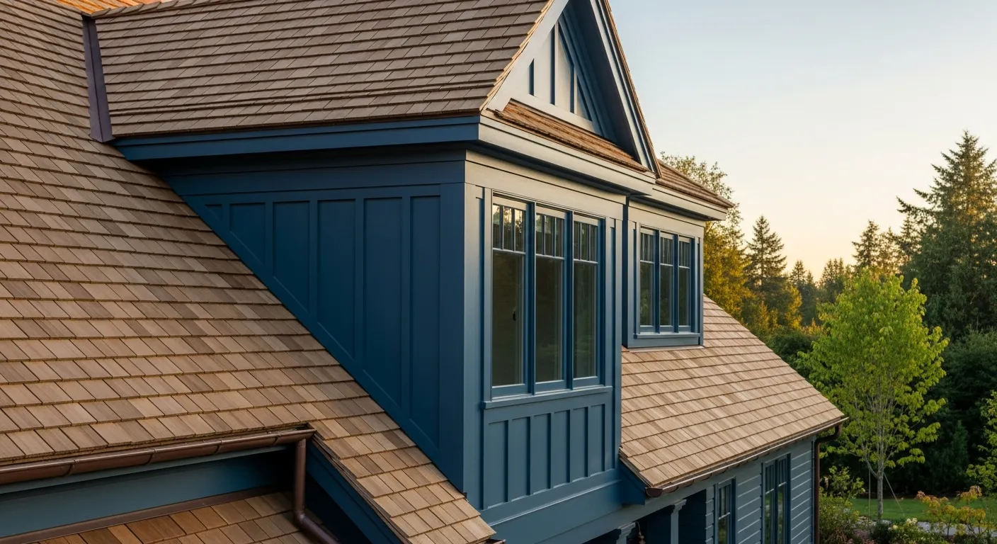 A Traditional Home With Roof, Clad in Rich, Warm Brown Cedar Shingles and the Upper Wall, is Painted in a Deep, Matte Nautical Blue