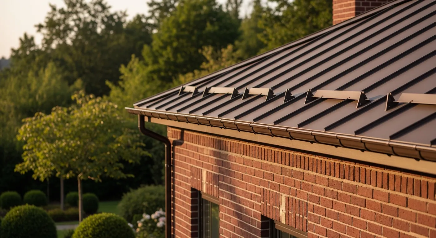A Traditional Residential Building Exterior With a Durable, Brown Standing Seam Metal Roof and Deep Red Brick Siding
