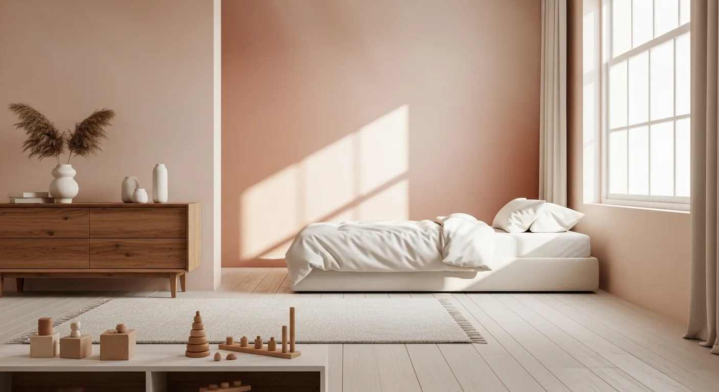 A Tranquil, Gender-neutral Child's Bedroom With Walls Painted in a Soft, Muted Peach Pink