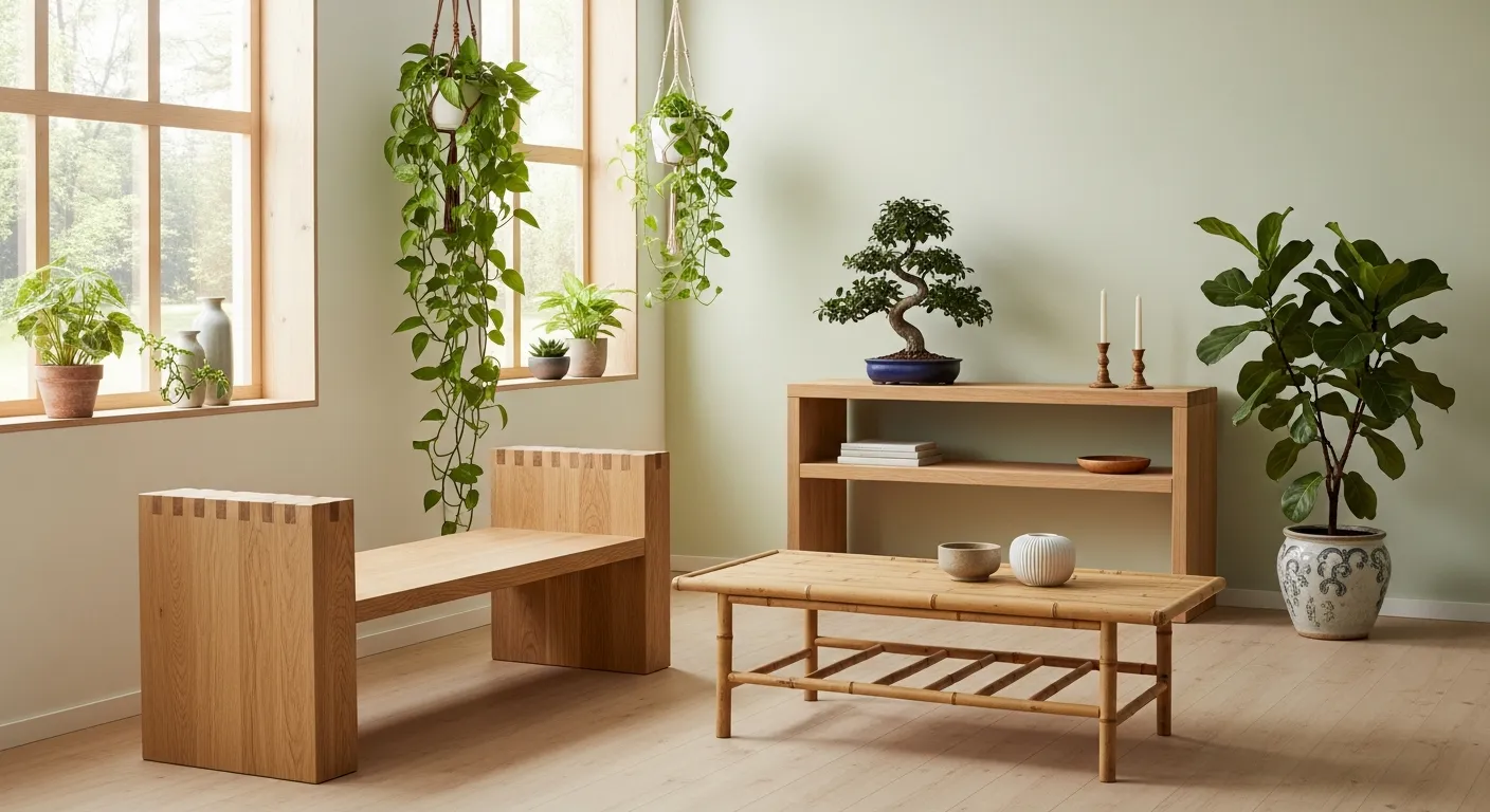 A Tranquil Living Space Bathed in Soft Natural Light With Minimalist Decor Featuring Unfinished Light Oak Wood Furniture and a Sleek Bamboo Coffee Table