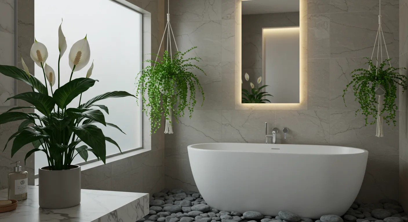 A Tranquil and Luxurious Spa-like Bathroom Interior, Bathed in Soft, Diffused Natural Light and Some Plants