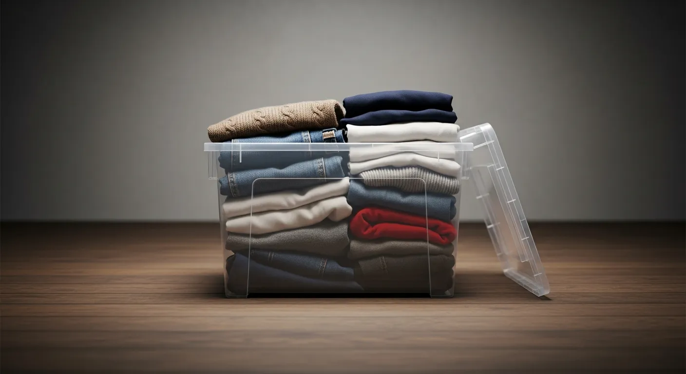 A Transparent Plastic Storage Container, Filled With Visibly Discarded Collection of Various Clothing Items