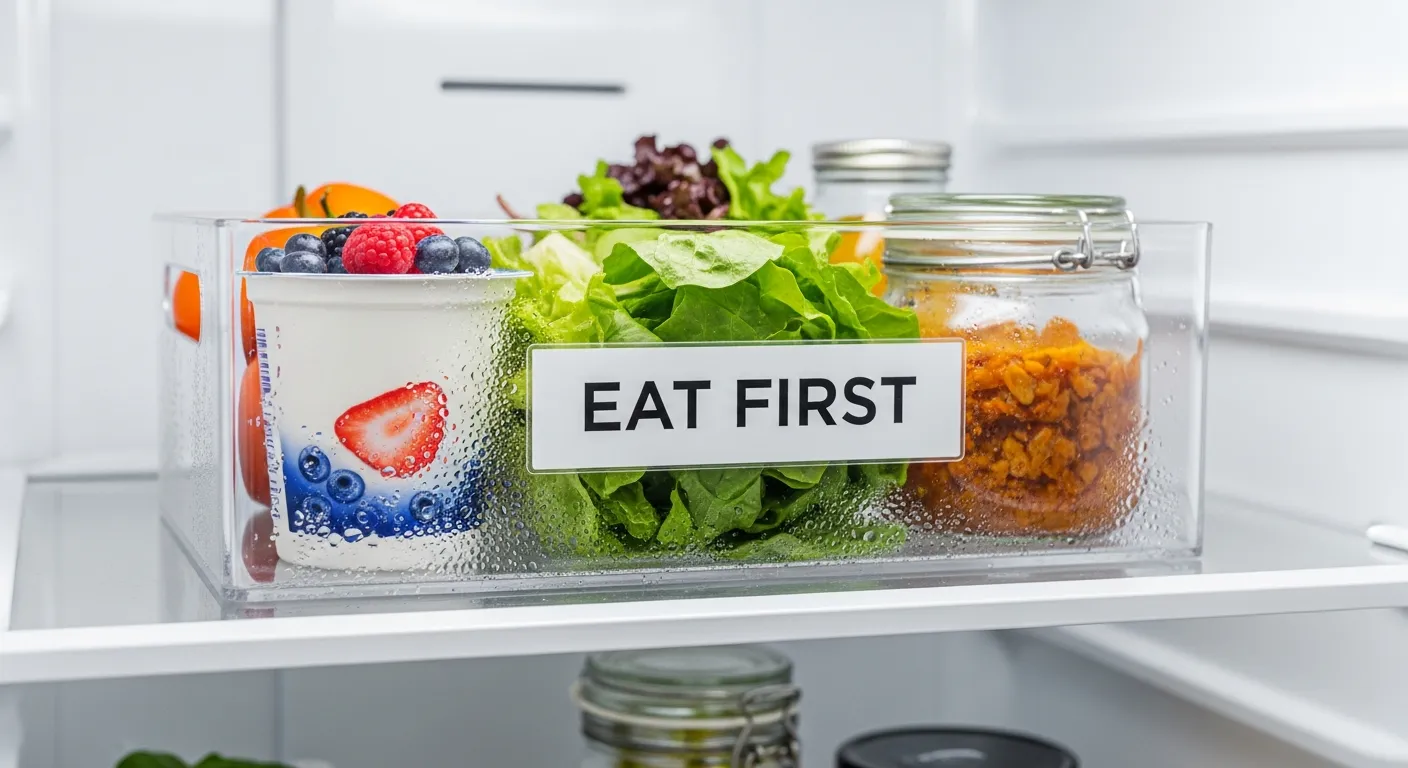 A Transparent 'eat First' Bin Inside a Modern, Brightly Lit Refrigerator 