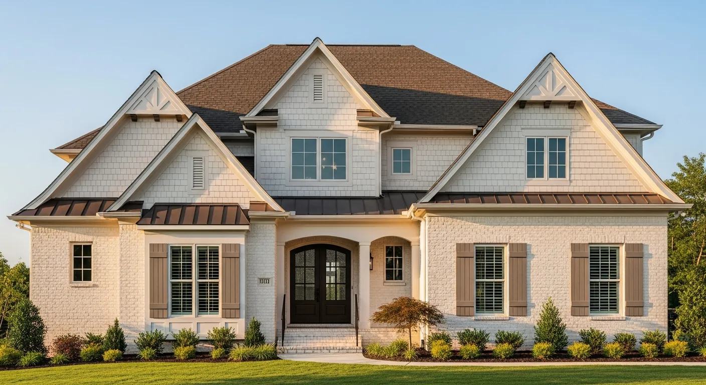 A Two-story House With Shingle Roof in Deep, Rich Brown and Textured Brickwork Are Uniformly Painted in a Creamy, Elegant Off-white