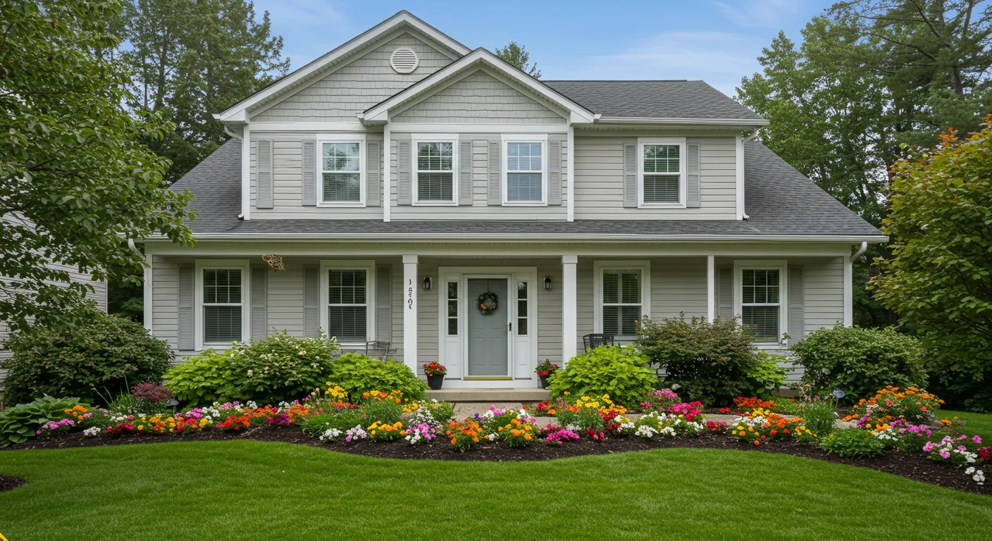 A Two Story Suburban House Freshly Painted Light Gray With White Trim A Two Story Suburban House Freshly Painted Light Gray With White Trim