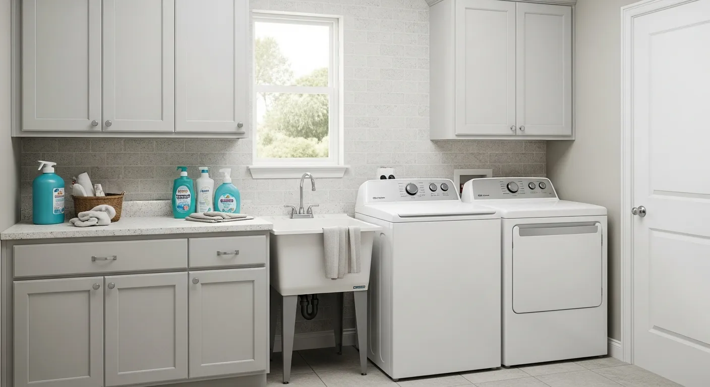 A Utility Sink, Beside a Sleek White Front-load Washing Machine and a Matching Dryer