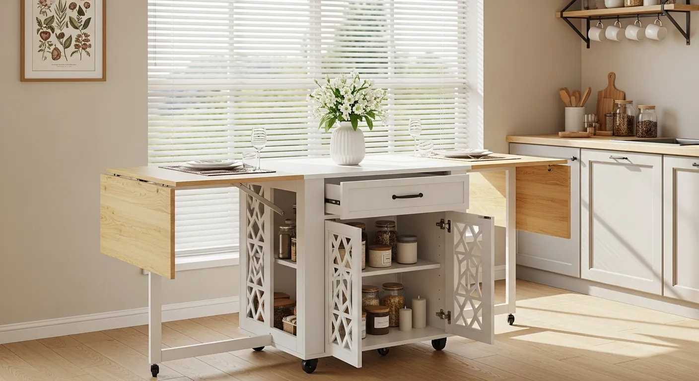 A Versatile Foldable Kitchen Island Table Featuring a Crisp White Central Unit With Intricate Geometric Cutout Details on Its Sides
