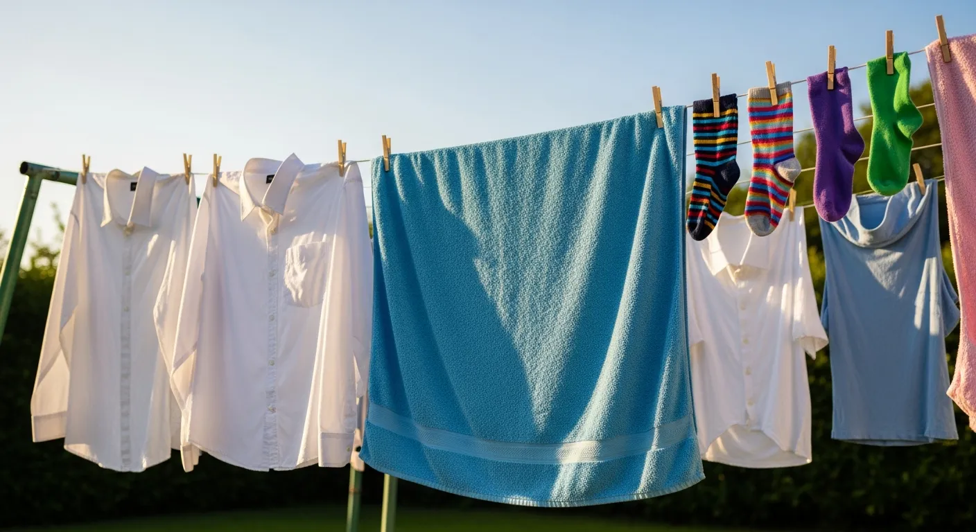 A Vibrant Assortment of Freshly Laundered Clothes, Air-drying on a Sturdy Clothesline in a Tranquil Backyard