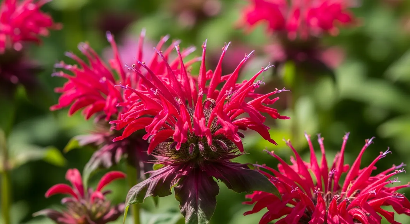 A Vibrant Cluster of Monarda Flowers, Showcasing Rich Magenta, Deep Crimson, and Fiery Scarlet Hues