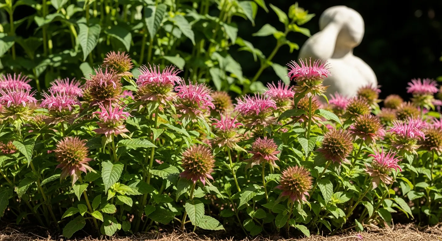 A Vibrant, Densely Planted Garden Bed, Predominantly Featuring Mature Bee Balm Plants