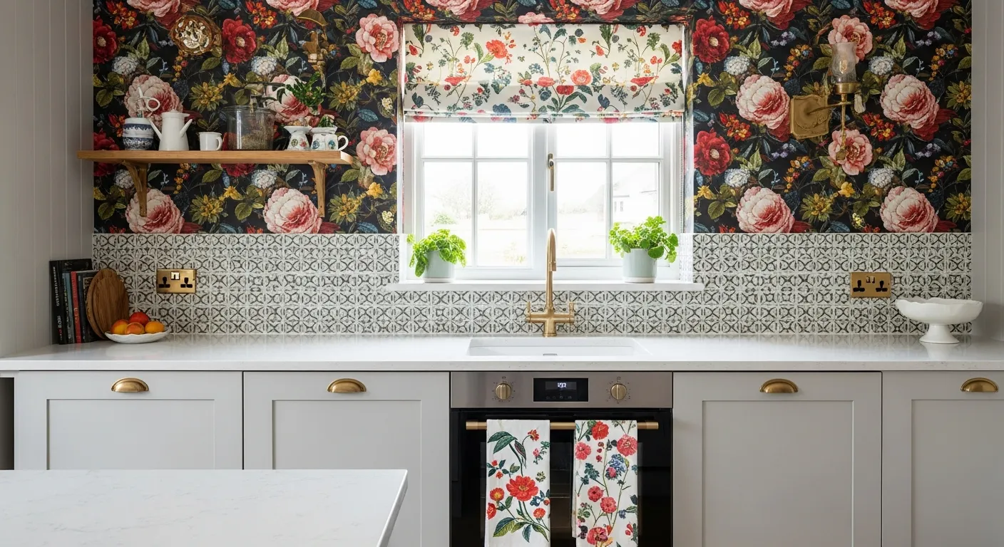 A Vibrant, Eclectic Kitchen Interior With a Harmonious Celebration of Multiple Patterns Forms the Backsplash Above a Clean White Countertop