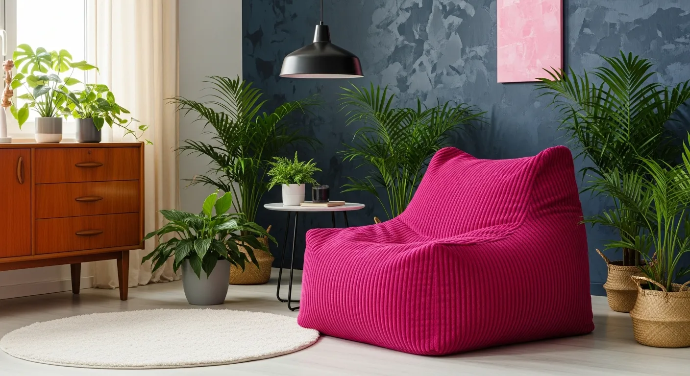 A Vibrant Fuchsia Pink Corduroy Bean Bag Chair Positioned Slightly to the Right of Center in a Bohemian Living Room