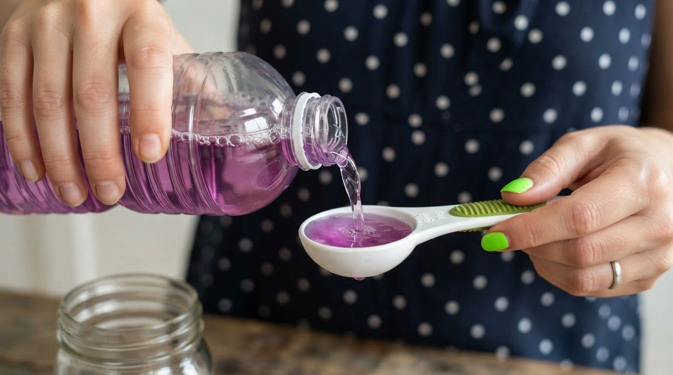 A Vibrant Purple Liquid is Poured From a Clear, Ridged Plastic Bottle Into a White, Ergonomic Measuring Spoon