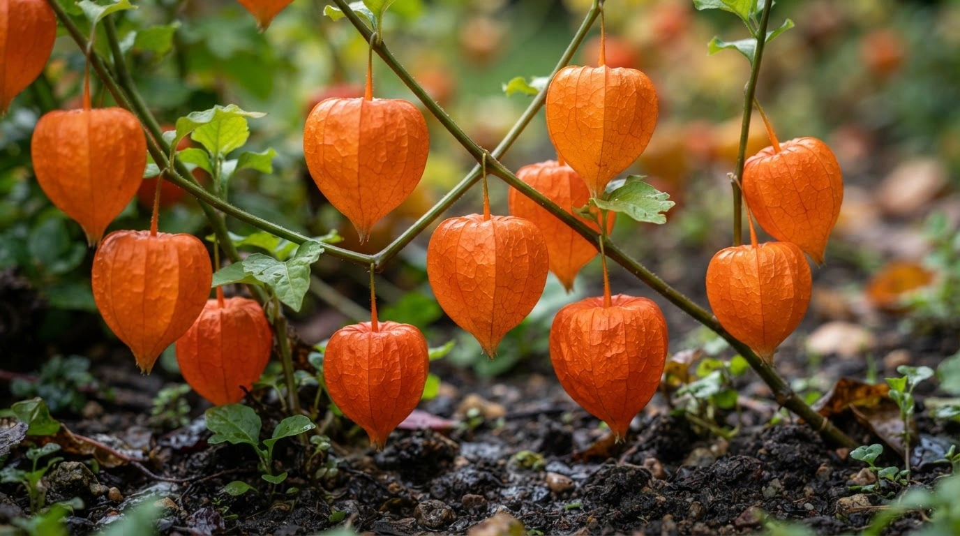 A Vibrant, Ultra-photorealistic Close-up of a Chinese Lantern Plant