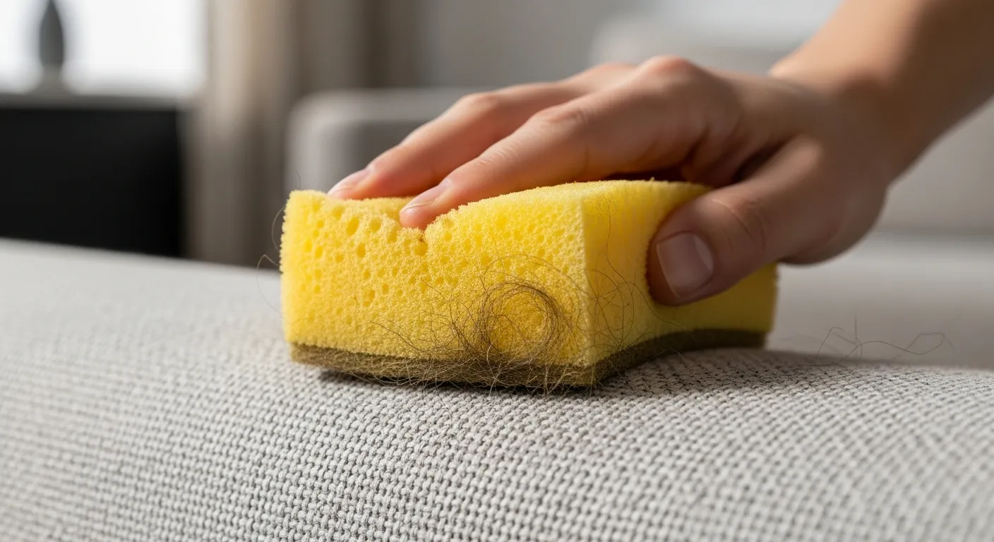 A Vibrant Yellow, Damp Sponge Actively Removing Fine, Dark Brown Pet Hair From Light Gray, Textured Fabric Upholstery