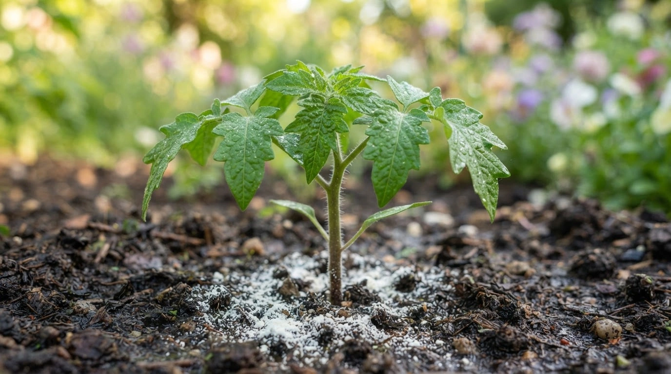 A Vibrant Young Plant Thriving in Rich, Dark, Moist Soil Some Fine, Powdery White Substance is Delicately Scattered at the Base of Its Stem