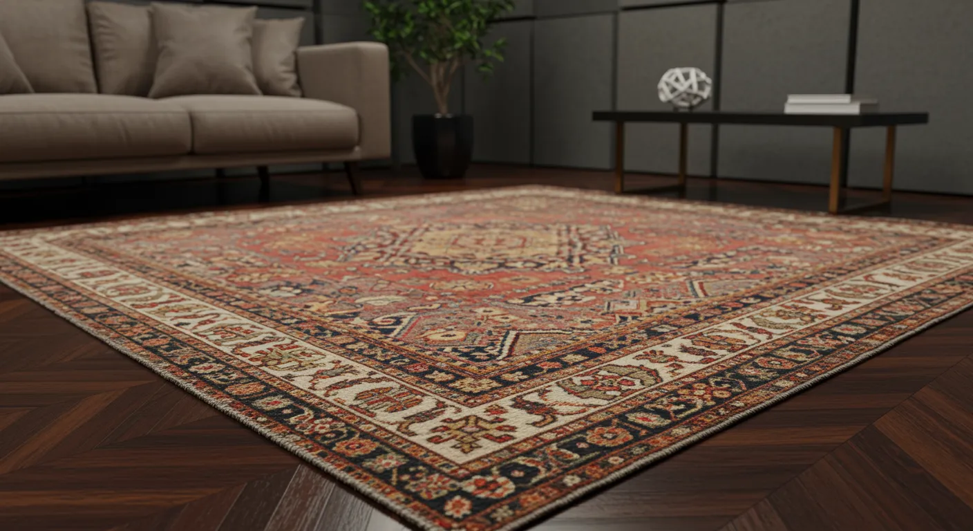 A Vintage Handwoven Turkish Rug, Centrally Placed on a Polished Dark Hardwood Floor in a Luxurious, Acoustically Designed Living Room