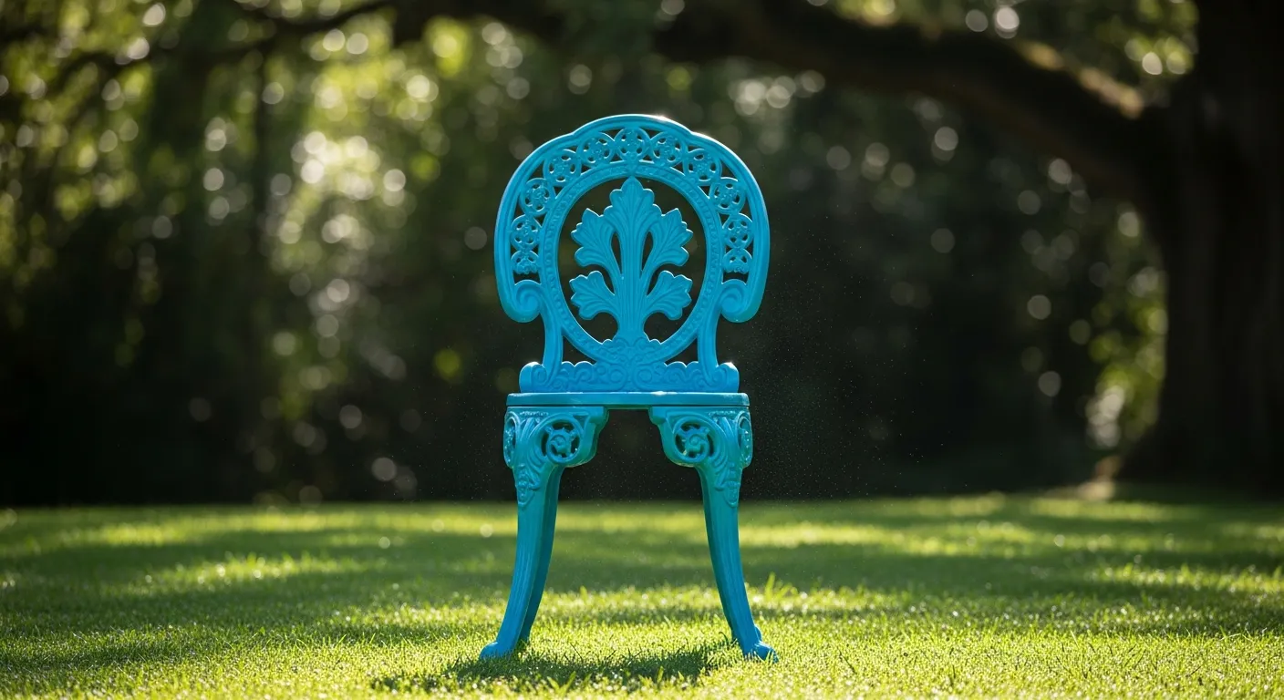 A Vintage, Ornate Wrought-Iron Garden Chair, Meticulously Spray-Painted and Drying in Sunlight