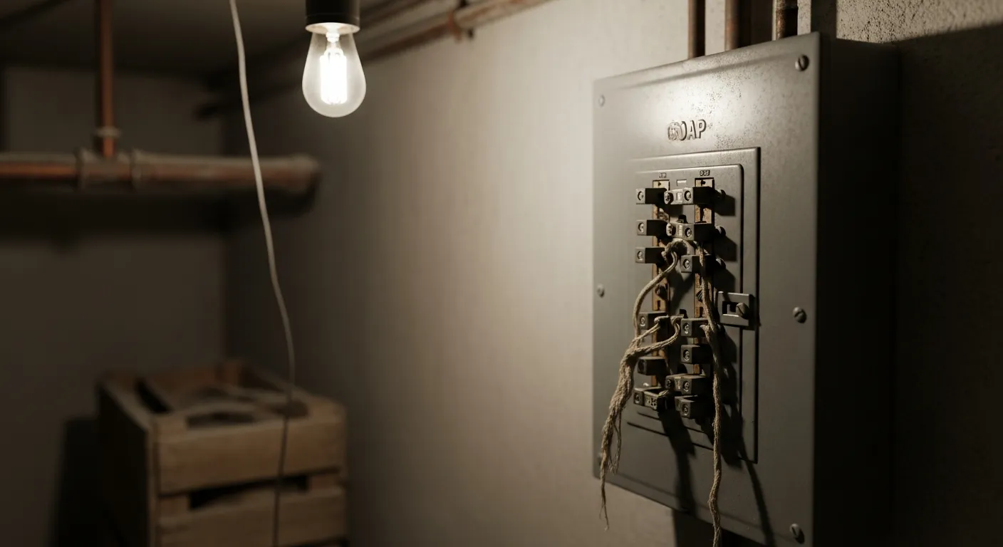 A Vintage, Worn 60-amp Electrical Panel in a Dimly Lit, Dusty Basement Utility Room