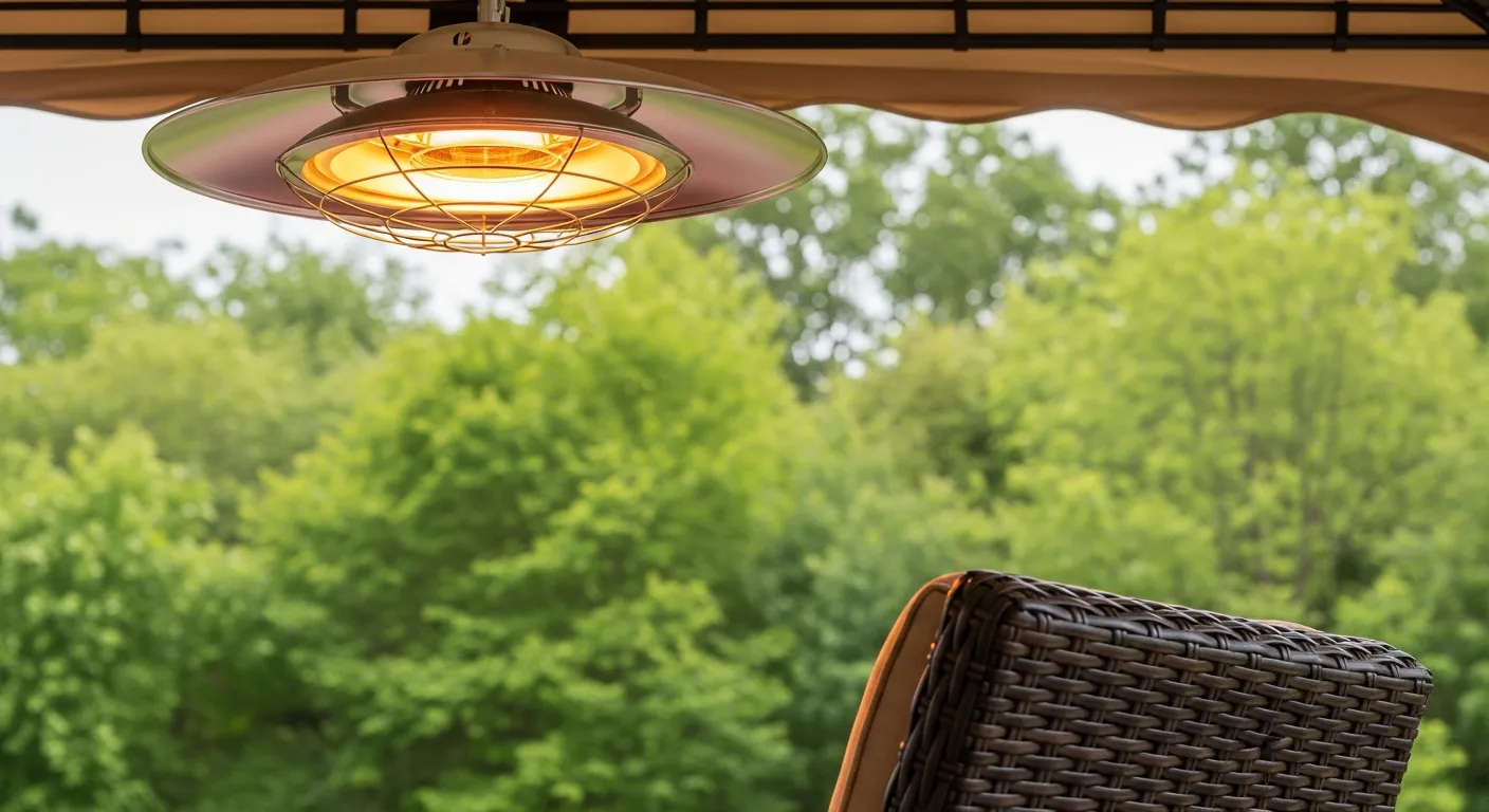 A Warm, Inviting, Glowing Electric Patio Heater, Prominently Centered in the Upper Mid-frame, Suspended From a Light Tan Fabric Outdoor Canopy