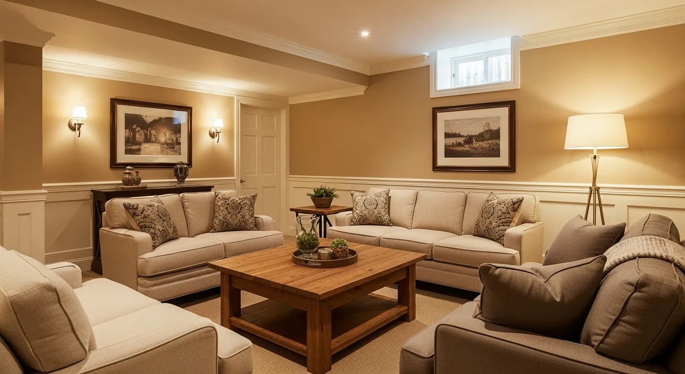 A Warm, Inviting, and Traditionally Styled Basement Interior With Walls Painted in a Harmonious Beige, Creating a Neutral Yet Welcoming Atmosphere