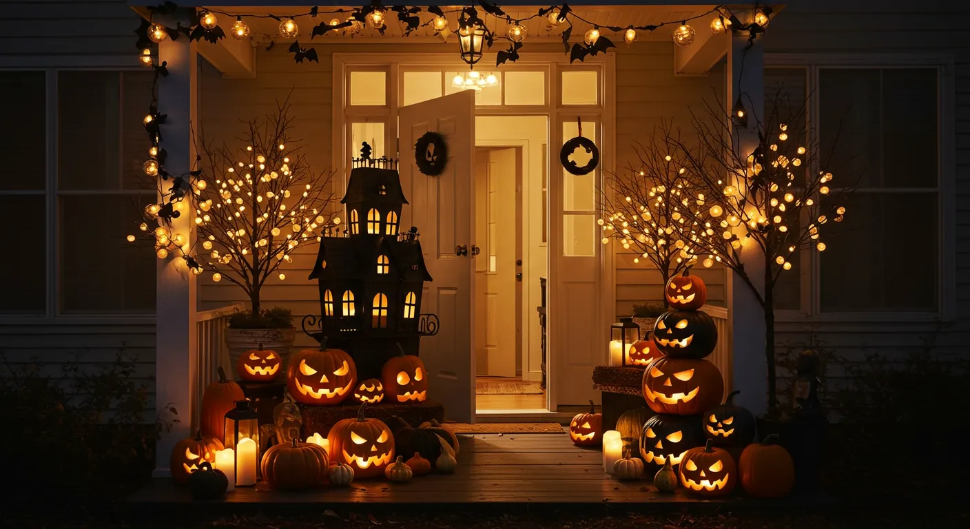 A Warmly Lit Front Porch Decorated for Halloween A Warmly Lit Front Porch Decorated for Halloween
