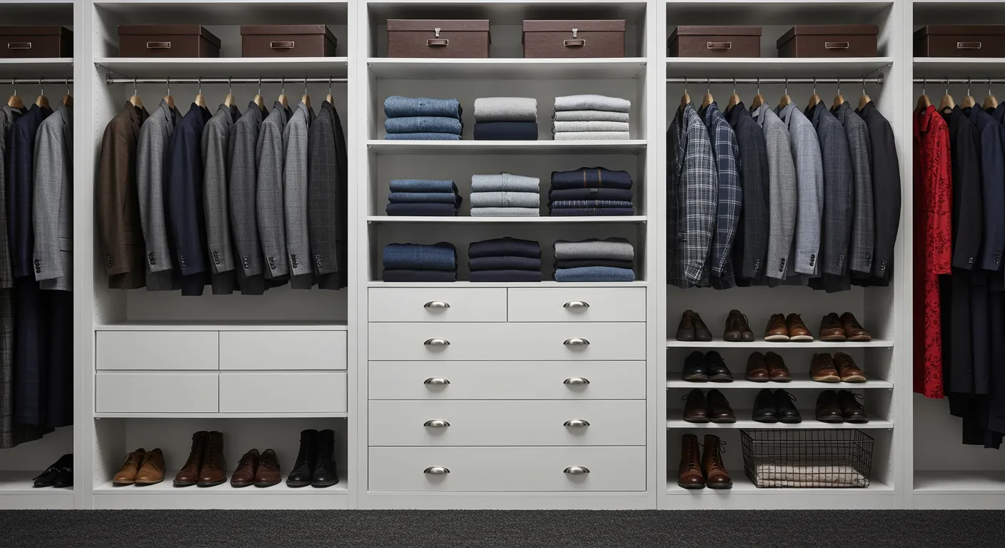 A Well Organized White Walk In Closet Filled With Neatly Arranged Clothing A Well Organized White Walk In Closet Filled With Neatly Arranged Clothing