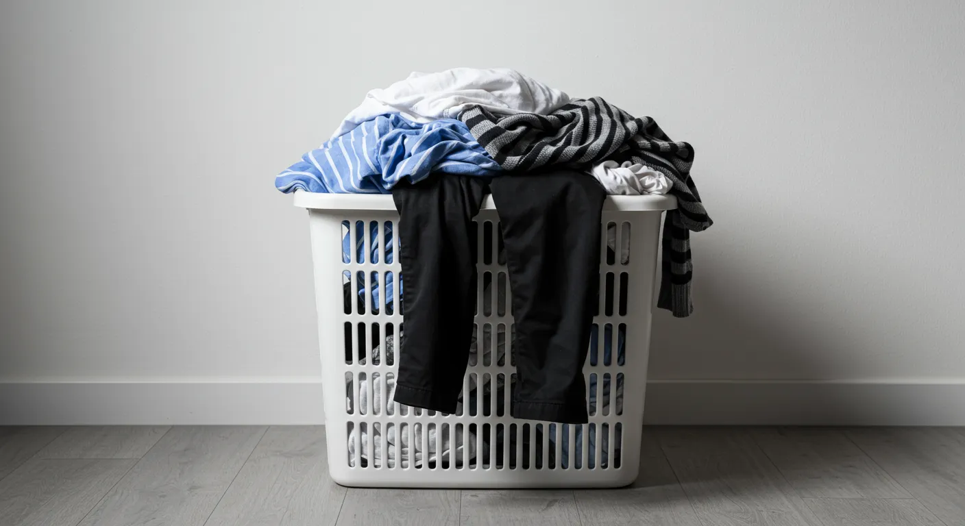 A White Plastic Laundry Basket Filled With Cloths A White Plastic Laundry Basket Filled With Cloths