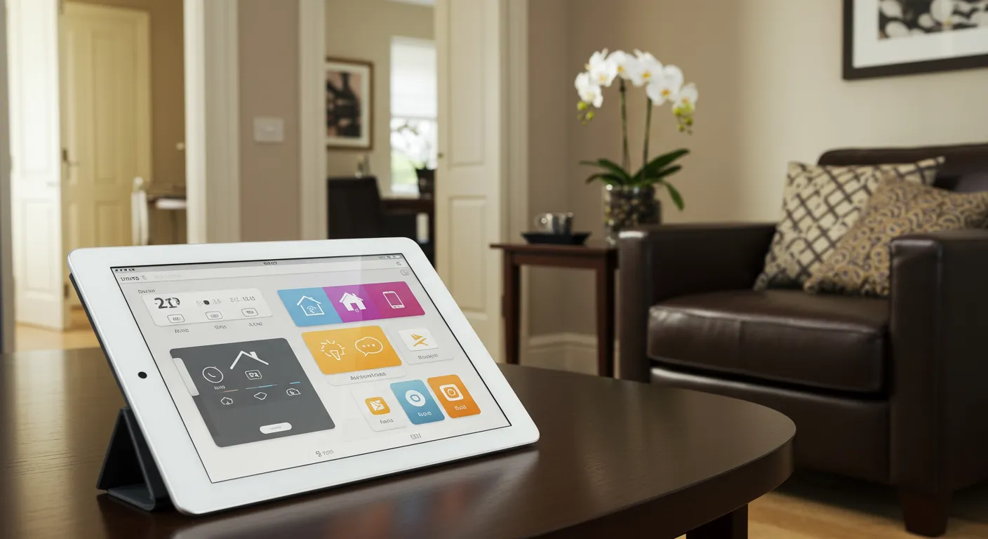 A White Tablet Placed on a Table in Living Room A White Tablet Placed on a Table in Living Room