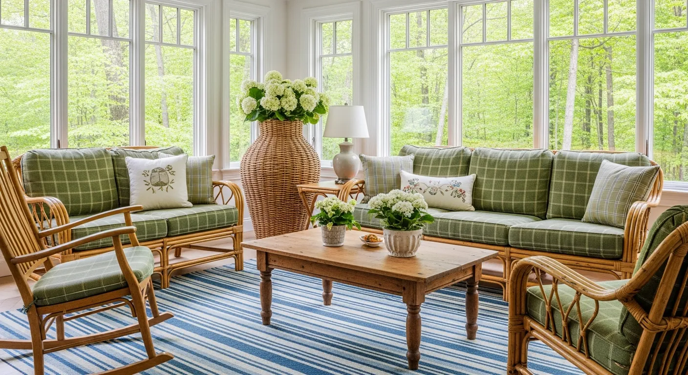 A Serene Sunroom, Furnished With Natural Wicker Sofas, a Rocking Chair, and a Wooden Coffee Table