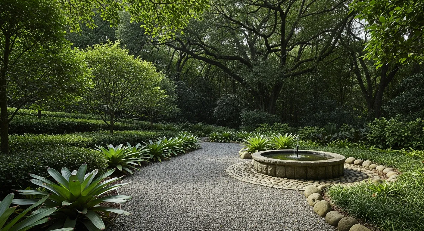 A Wide, Textured Path of Small, Light Gray Gravel Curves From the Lower-left Foreground Towards the Mid-right