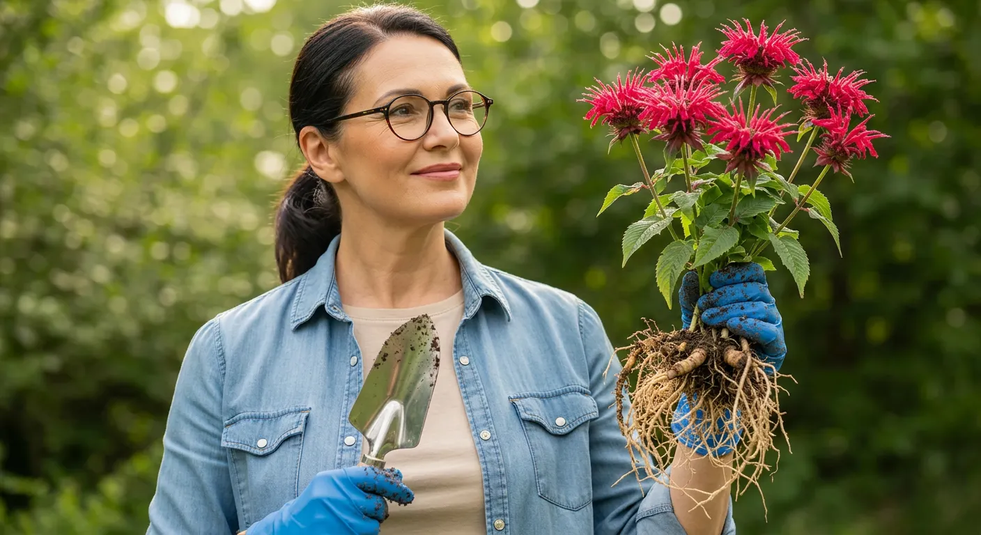 A Woman, Firmly Grasps the Dense, Earthy Root Ball of a Vibrant Green Monarda Plant, Showcasing Its Intricate Root System and Dark Soil
