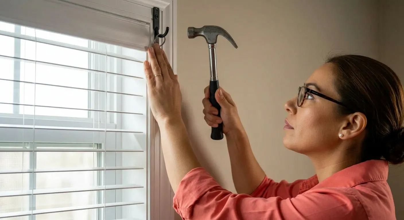 A Woman Using a Hammer to Install a Black Metal Curtain Hook on a Light Beige Wall